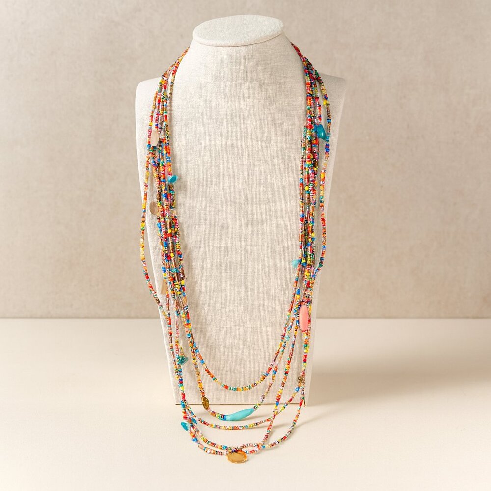 Chico's 9-Strand Multicolor Glass Bead Necklace w/ Gold-Tone Disks, Stone Chips